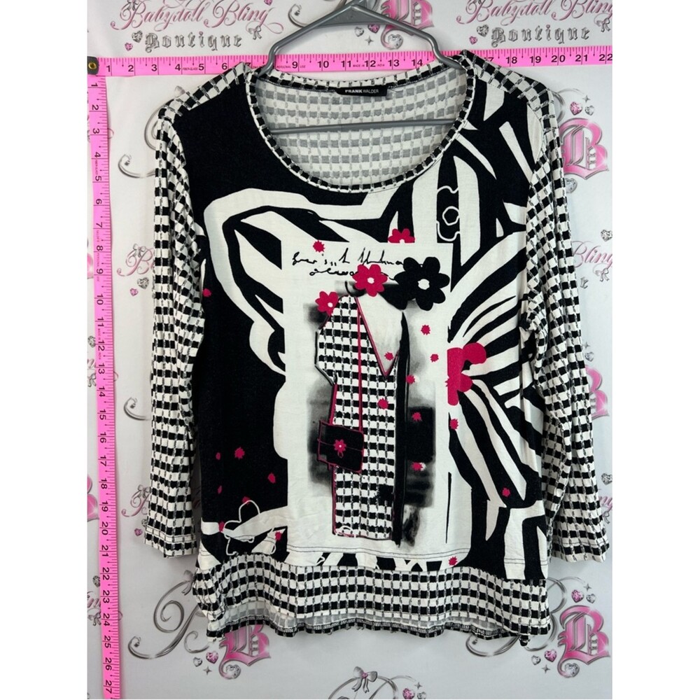 Frank Walder shirt unique Black & White Graphic Floral Top with Pink Accents